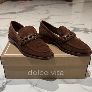 Dolce Vita Chestnut Suede Loafers with Chain Accent